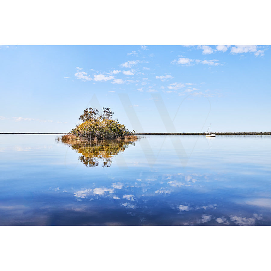 Lake Cootharaba 3218 by AWP Image Library captures a small tree-covered island mirrored in the tranquil blue waters of Lake Cootharaba, with a distant sailboat anchoring the scene under a bright, cloud-dotted sky.