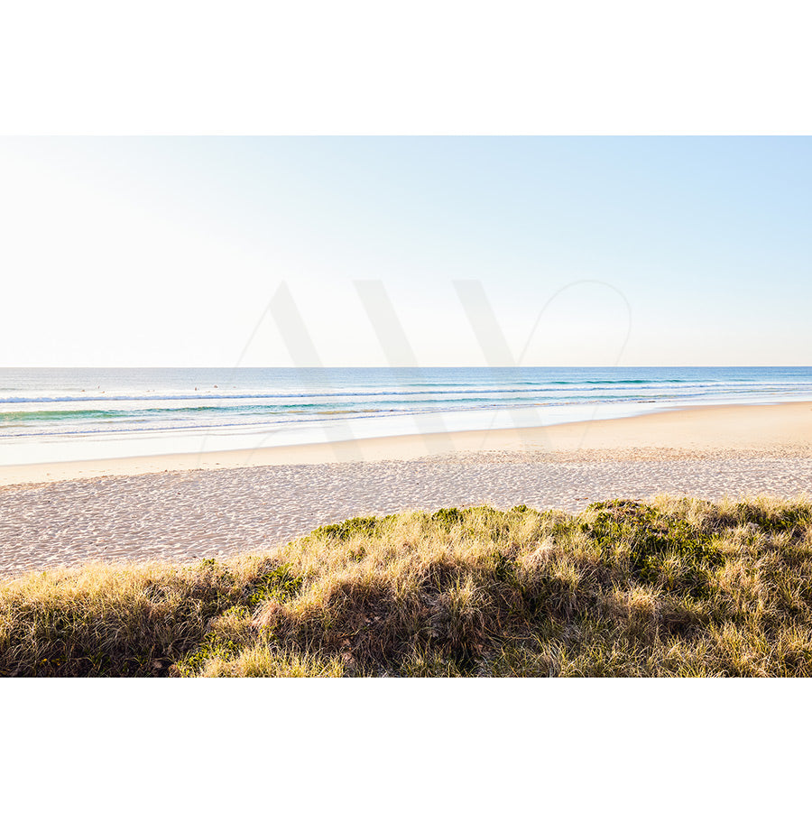 Coolum Beach Image 9297 from AWP Image Library beautifully captures the tranquil beauty of Coolum Beach with grassy dunes in the foreground, smooth golden sands, and gentle ocean waves under a clear blue sunrise sky.