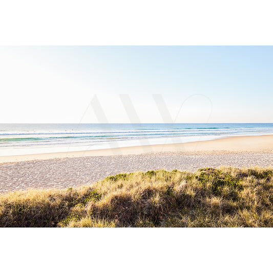 Coolum Beach Image 9297 from AWP Image Library beautifully captures the tranquil beauty of Coolum Beach with grassy dunes in the foreground, smooth golden sands, and gentle ocean waves under a clear blue sunrise sky.