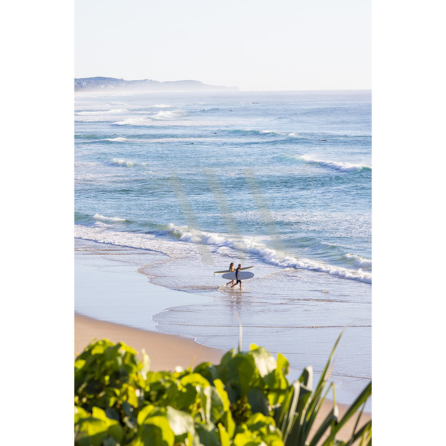A surfer with a surfboard strolls on a sandy beach with gentle waves in Coolum Beach Image 9602 from AWP Image Library, featuring green foliage in the foreground and distant hills on the horizon under a clear sky.