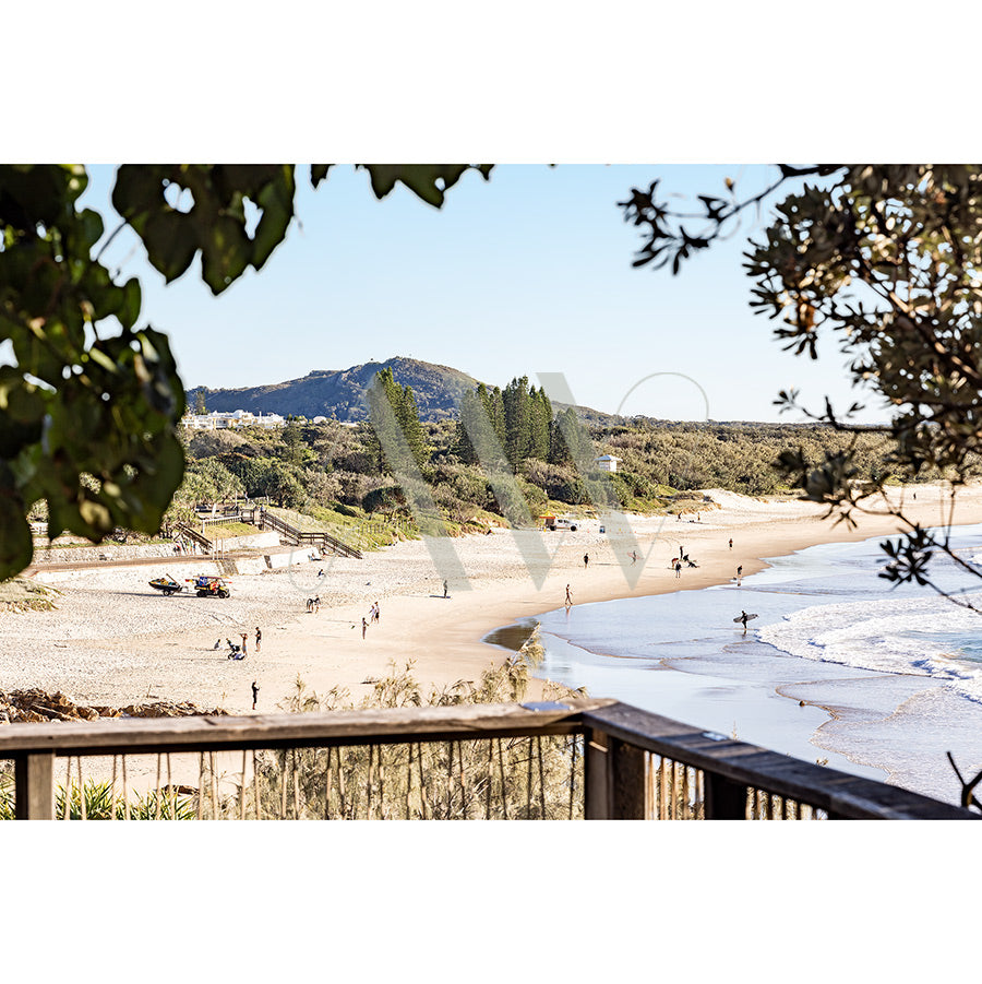 The Coolum Beach Image 9666 by AWP Image Library captures stunning coastal scenery with people strolling and surfing on the sandy shore, lush greenery, a wooden boardwalk in the foreground, and distant hills all under a clear blue sky.