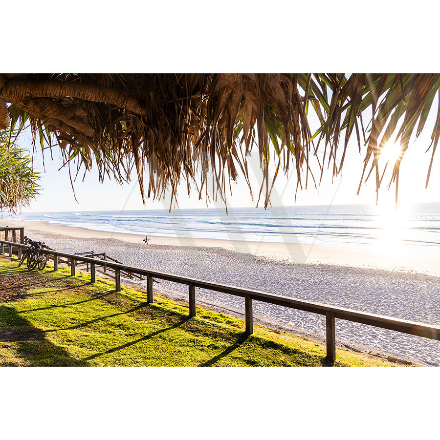 The serene Coolum Beach Image 9120 from AWP Image Library captures the sun over the ocean as a lone person walks on the sandy shore. A grassy area with wooden railings and bicycles rests under palm leaves nearby.