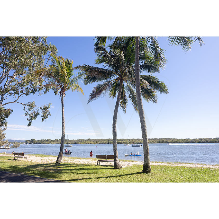 Gympie Tce Image 3995 by AWP Image Library captures a sunny lakeside scene with palm trees, green grass, benches, and people relaxing, plus small boats on the water under a clear blue sky along Noosa’s scenic foreshore.