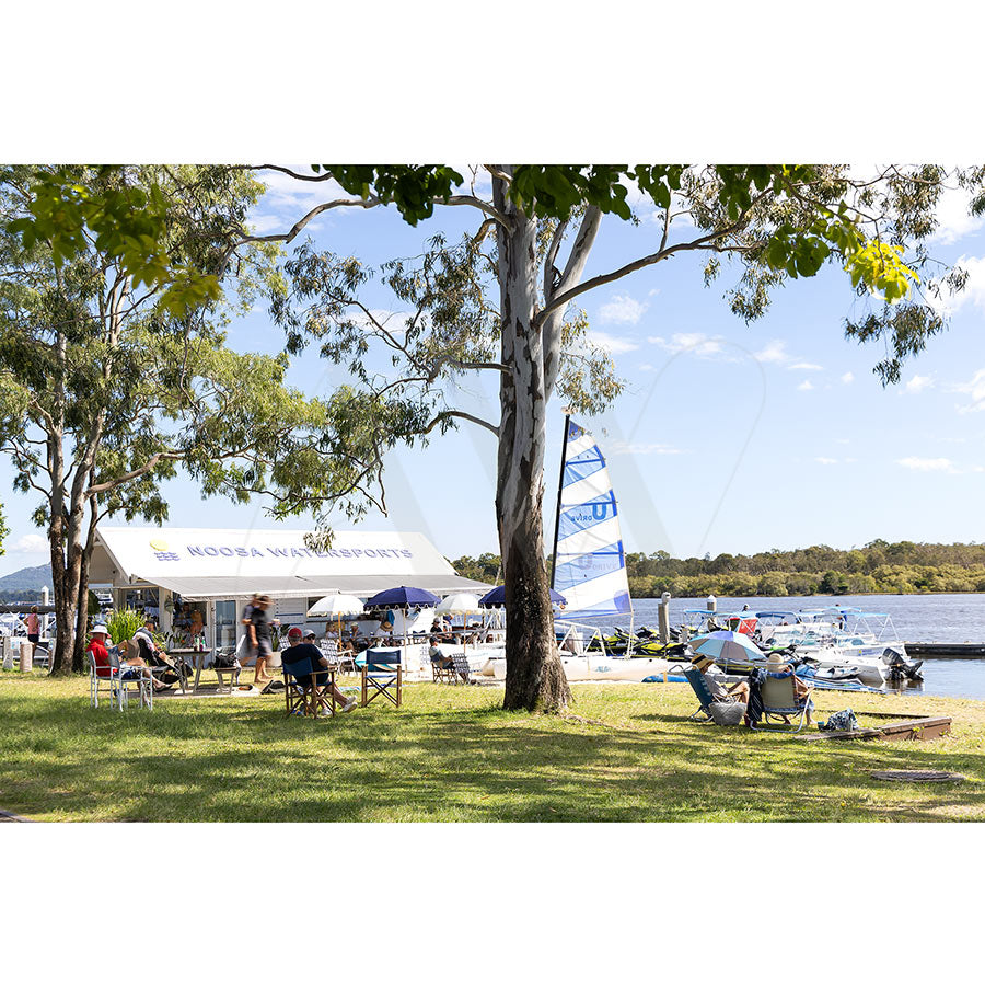 AWP Image Library’s Gympie Tce Image 4209 captures people relaxing under trees by the water near the sailing club, with boats at the shore, a blue and white sailboat, sunny skies, green grass, and nearby paths.