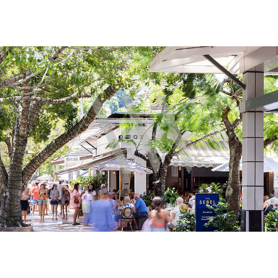 The lively Hastings Street Image 5502 by AWP Image Library captures people walking and sitting at outdoor cafes under leafy trees, with storefronts and umbrellas creating a vibrant atmosphere. A sign for The Sebel is visible in the foreground.