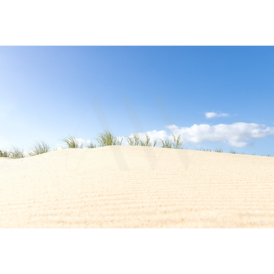 Mudjimba Sands Image 0256 by AWP Image Library captures a peaceful sandy dune beneath a clear blue sky with a few clouds. Sparse grass tops the dune, adding greenery to the serene scene.