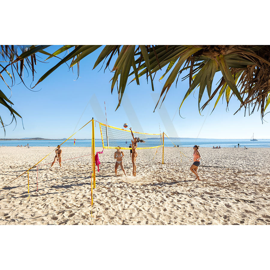 A group enjoys beach volleyball at Noosa Main Beach under a clear blue sky, surrounded by calm sea and tree branches. The lively scene is captured with spectators in the background. Product: Noosa Main Beach Image 4934, Brand: AWP Image Library.